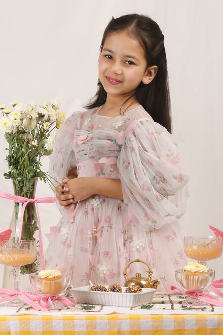 Shop Stella Rossa By Les Petits Pink Satin Embroidery Stella Rossa Enchanted Butterfly Dress Shop_Stella Rossa By Les Petits_Pink Satin Embroidery Stella Rossa Enchanted Butterfly Dress