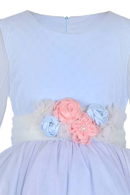 Stella Rossa By Les Petits_Blue Satin Fabric Flowers Stella Rossa Elsa Ball Gown_Online_at_Aza_Fashions