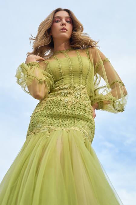 Supria Munjal_Olive Green Tulle Embroidery Round Neck Designer Gown _Online_at_Aza_Fashions