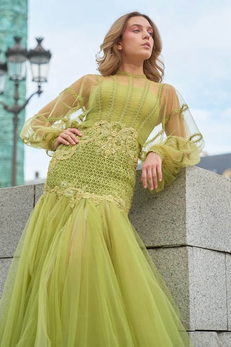 Shop_Supria Munjal_Olive Green Tulle Embroidery Round Neck Designer Gown _at_Aza_Fashions