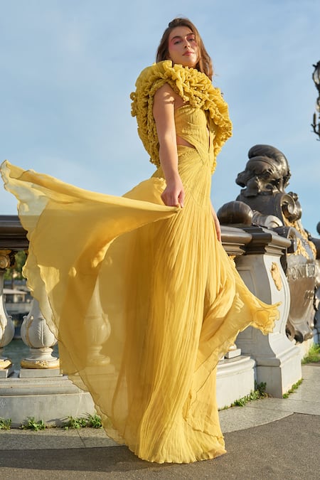 Shop_Supria Munjal_Yellow Chiffon Ruffles Asymmetric, Plunge Neck Designer Olive Green Gown _at_Aza_Fashions