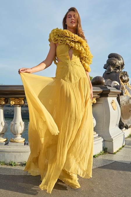 Supria Munjal_Yellow Chiffon Ruffles Asymmetric, Plunge Neck Designer Olive Green Gown _Online_at_Aza_Fashions
