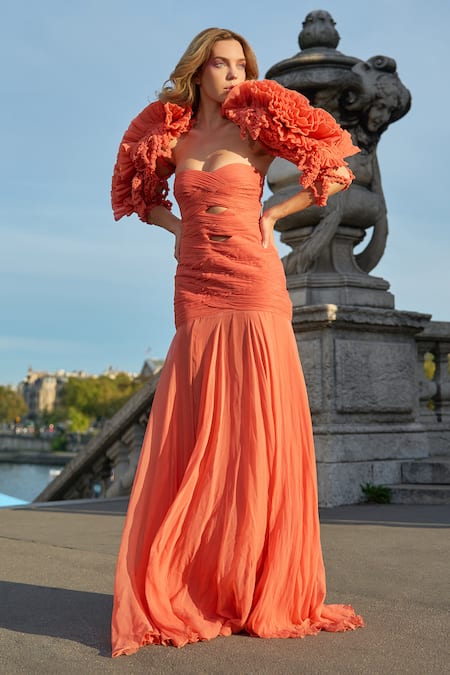 Shop_Supria Munjal_Orange Chiffon Fabric Flowers Sweetheart Neck Designer Gown _at_Aza_Fashions