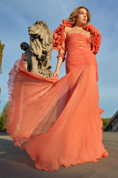 Buy_Supria Munjal_Orange Chiffon Fabric Flowers Sweetheart Neck Designer Gown _Online_at_Aza_Fashions