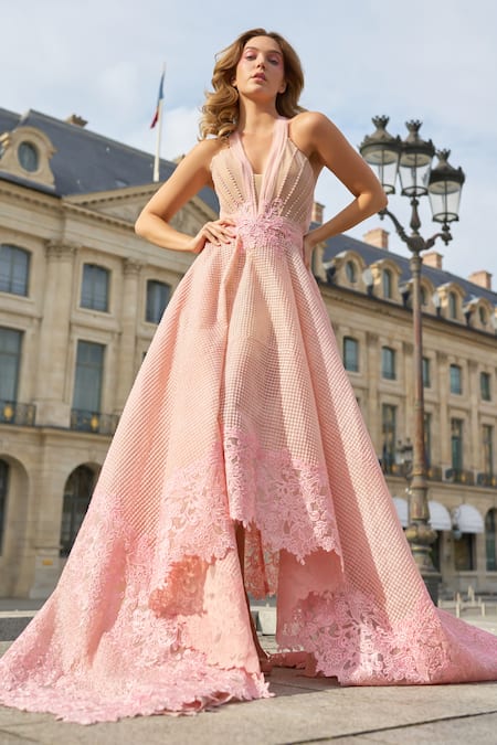 Shop_Supria Munjal_Pink Tulle, V-neck Designer Gown _at_Aza_Fashions