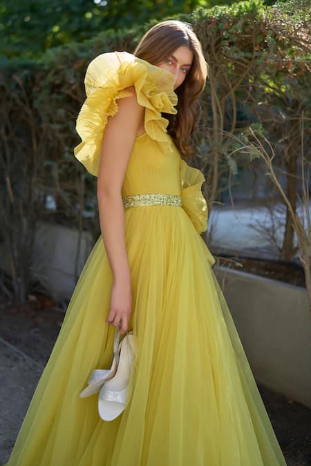 Shop Supria Munjal Olive Green Tulle Asymmetric Designer Gown at Aza Fashions Shop_Supria Munjal_Olive Green Tulle Asymmetric Designer Gown _at_Aza_Fashions