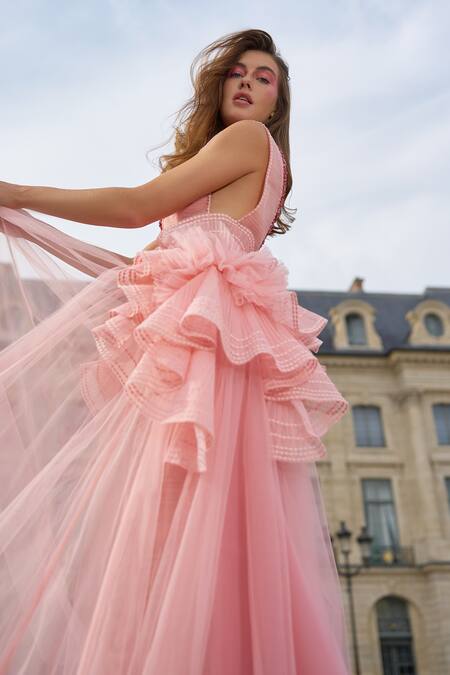 Buy_Supria Munjal_Pink Tulle V-neck Designer Gown _Online_at_Aza_Fashions