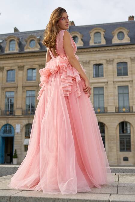 Shop_Supria Munjal_Pink Tulle V-neck Designer Gown _at_Aza_Fashions
