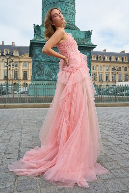 Shop_Supria Munjal_Pink Tulle Ruffles Asymmetric Designer One-shoulder Gown _at_Aza_Fashions