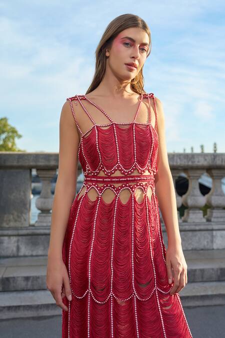 Supria Munjal_Red Net Fringe Dress _Online_at_Aza_Fashions