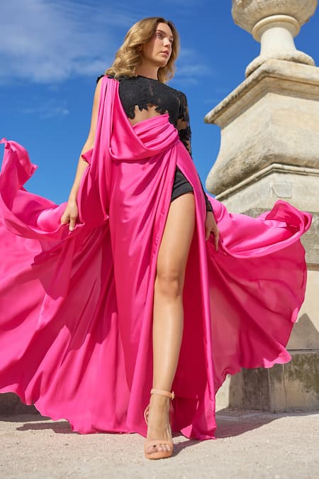 Supria Munjal Fuchsia Pink Satin Maxi Dress 