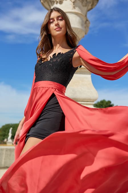 Shop_Supria Munjal_Rust Satin Lace V-neck Detail Orange Maxi Dress _at_Aza_Fashions