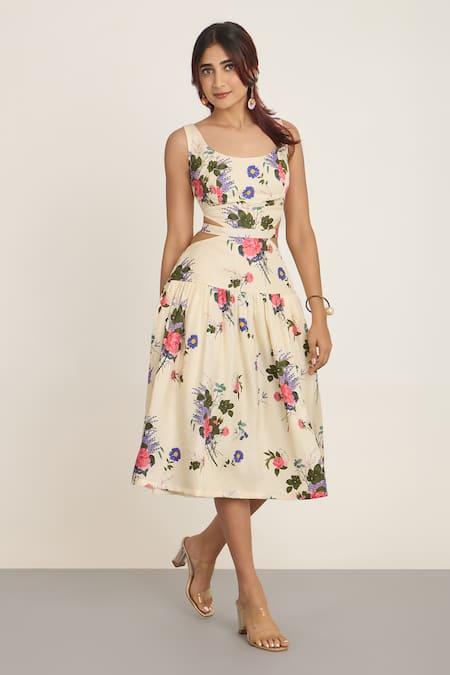 Buy_The Whole Nine Yards_White Silk Scoop Neck Floral Printed Waist Cut-out Midi Dress _Online_at_Aza_Fashions