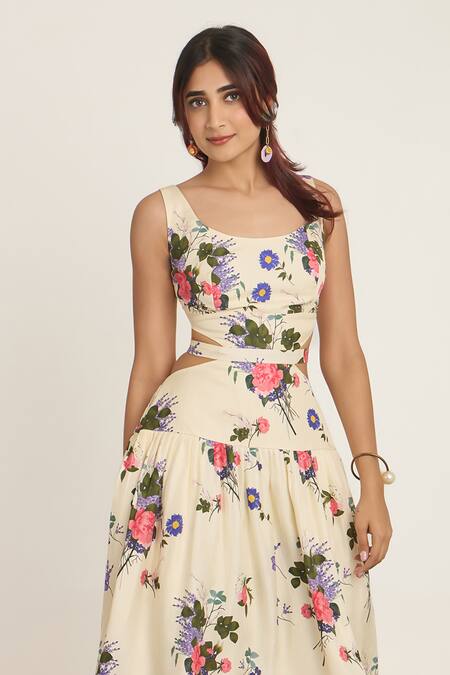 Shop_The Whole Nine Yards_White Silk Scoop Neck Floral Printed Waist Cut-out Midi Dress _Online_at_Aza_Fashions