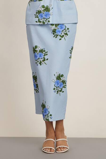 Buy_The Whole Nine Yards_Blue Cotton High Neck Floral Printed Top And Pencil Skirt Set _Online_at_Aza_Fashions