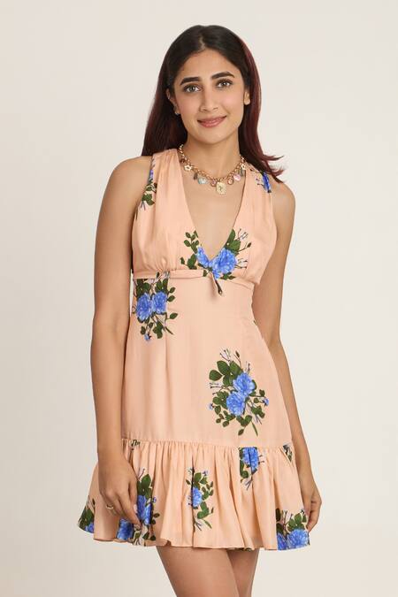 The Whole Nine Yards_Peach Silk Embroidery Halter Neck Floral Mini Dress _Online_at_Aza_Fashions
