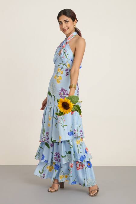 The Whole Nine Yards_Blue Silk Halter Neck Floral Printed Maxi Dress _Online_at_Aza_Fashions