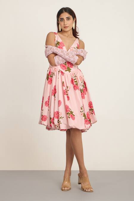 Buy_The Whole Nine Yards_Pink Silk V-neck Floral Printed Fit And Flare Midi Dress _Online_at_Aza_Fashions
