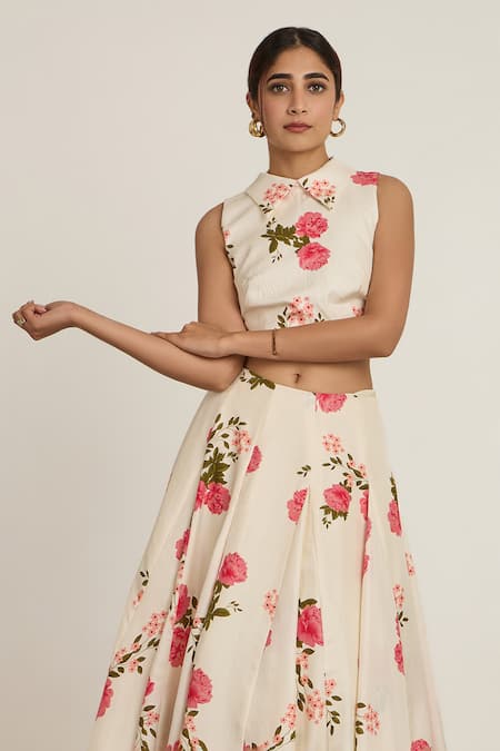 The Whole Nine Yards Ivory Silk Collared Floral Printed Crop Top And Maxi Skirt Set Online at Aza Fashions The Whole Nine Yards_Ivory Silk Collared Floral Printed Crop Top And Maxi Skirt Set _Online_at_Aza_Fashions