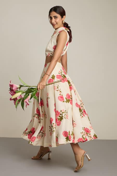 Shop The Whole Nine Yards Ivory Silk Collared Floral Printed Crop Top And Maxi Skirt Set Online at Aza Fashions Shop_The Whole Nine Yards_Ivory Silk Collared Floral Printed Crop Top And Maxi Skirt Set _Online_at_Aza_Fashions