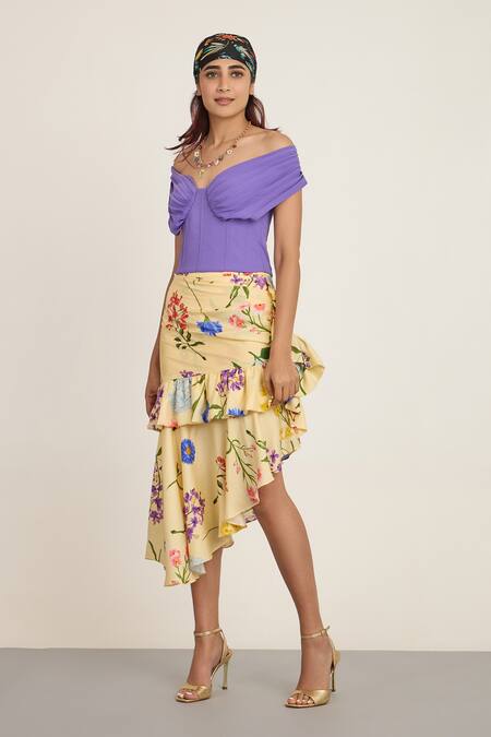 The Whole Nine Yards_Purple Crepe, Silk Off-shoulder Top And Floral Maxi Skirt _Online_at_Aza_Fashions