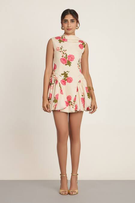 Buy_The Whole Nine Yards_Ivory Silk High Neck Floral Puffball Mini Dress _Online_at_Aza_Fashions