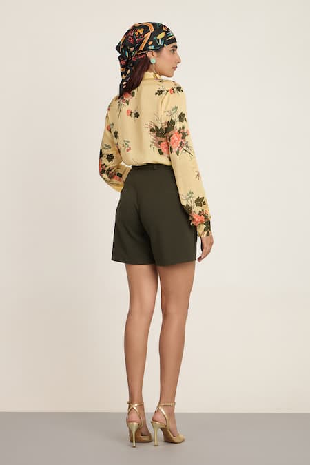 The Whole Nine Yards Floral Tie-Neck Shirt & Olive Green Shorts 