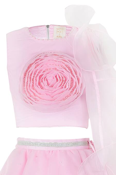 Rang By Les Petits_Pink Satin, Net Ruffle Rose Embellished Lehenga Set_Online_at_Aza_Fashions