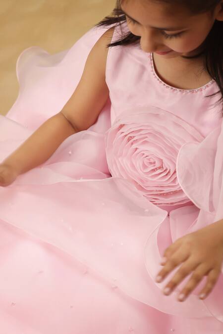 Buy_Rang By Les Petits_Pink Satin, Net Ruffle Rose Embellished Lehenga Set_Online_at_Aza_Fashions