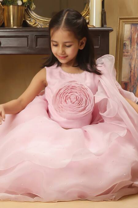 Shop_Rang By Les Petits_Pink Satin, Net Ruffle Rose Embellished Lehenga Set_Online_at_Aza_Fashions