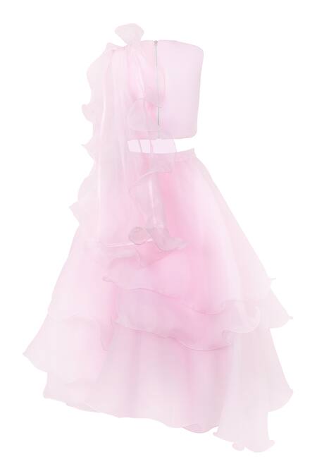Rang By Les Petits_Pink Satin, Net Ruffle Rose Embellished Lehenga Set_at_Aza_Fashions