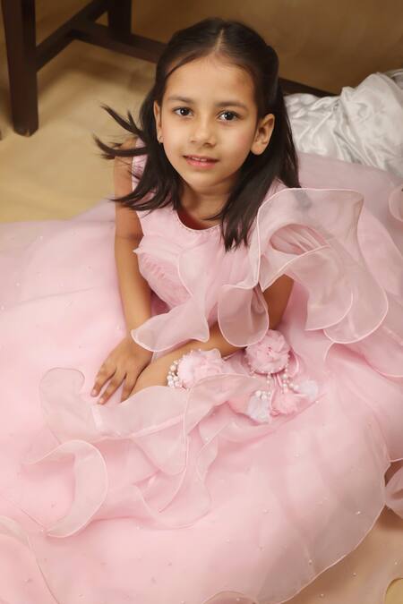 Buy_Rang By Les Petits_Pink Satin, Net Ruffle Rose Embellished Lehenga Set