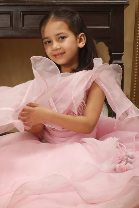 Shop_Rang By Les Petits_Pink Satin, Net Ruffle Rose Embellished Lehenga Set