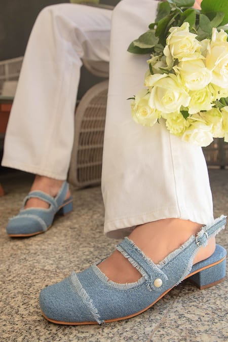 SCHON ZAPATO Denim Fringe Mules 