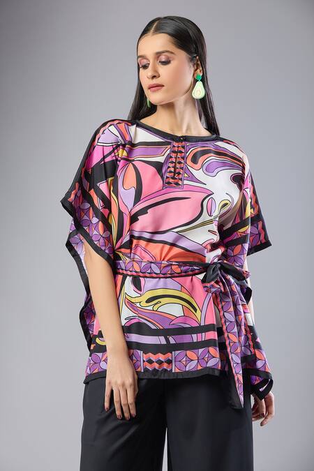 Buy_Naintara Bajaj_Pink Silk, Crepe Round Neck Graphic Print Co-ord Set _Online_at_Aza_Fashions