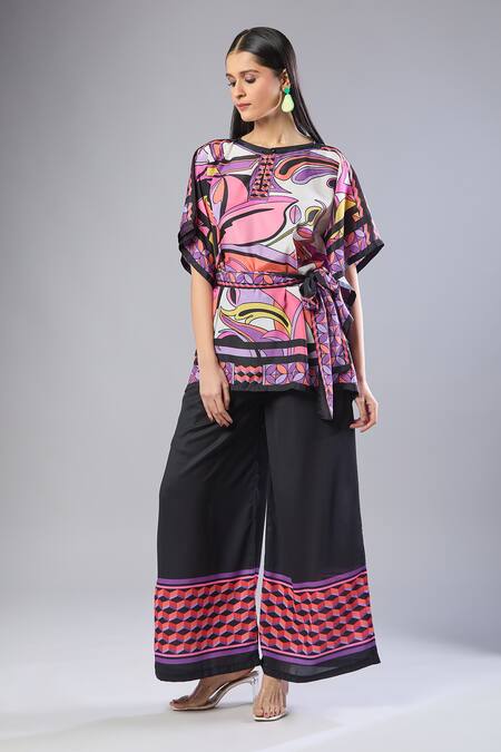 Shop_Naintara Bajaj_Pink Silk, Crepe Round Neck Graphic Print Co-ord Set _Online_at_Aza_Fashions