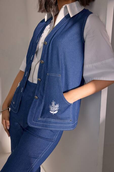 Label Deepika Nagpal Blue Denim Embroidery Open Neck, Collared Jacket Pant Set at Aza Fashions Label Deepika Nagpal_Blue Denim Embroidery Open Neck, Collared Jacket Pant Set _at_Aza_Fashions