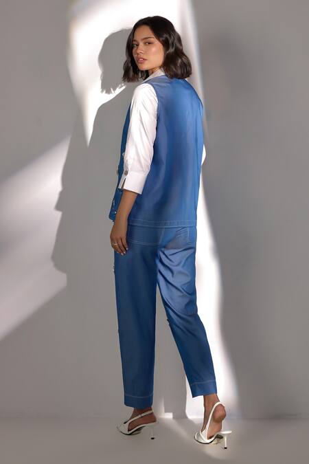 Shop Label Deepika Nagpal Blue Denim, Cotton Embroidery Open Neck, Collared Embellished Jacket And Pant Set at Aza Fashions Shop_Label Deepika Nagpal_Blue Denim, Cotton Embroidery Open Neck, Collared Embellished Jacket And Pant Set_at_Aza_Fashions