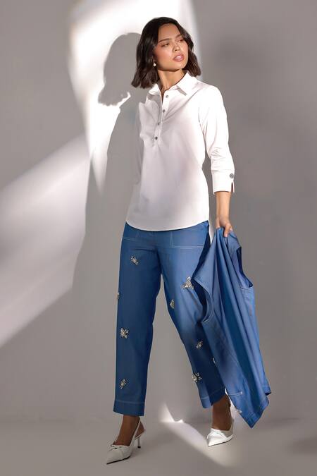 Label Deepika Nagpal Blue Denim, Cotton Embroidery Open Neck, Collared Embellished Jacket And Pant Set Online at Aza Fashions Label Deepika Nagpal_Blue Denim, Cotton Embroidery Open Neck, Collared Embellished Jacket And Pant Set_Online_at_Aza_Fashions