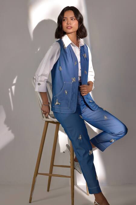 Shop Label Deepika Nagpal Blue Denim, Cotton Embroidery Open Neck, Collared Embellished Jacket And Pant Set Online at Aza Fashions Shop_Label Deepika Nagpal_Blue Denim, Cotton Embroidery Open Neck, Collared Embellished Jacket And Pant Set_Online_at_Aza_Fashions