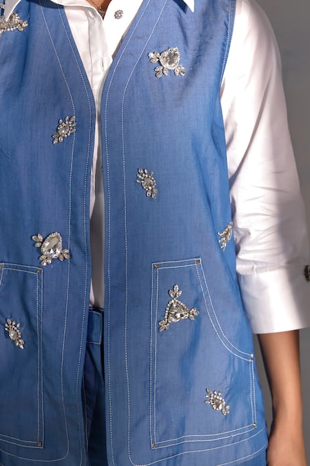 Shop Label Deepika Nagpal Blue Denim, Cotton Embroidery Open Neck, Collared Embellished Jacket And Pant Set Shop_Label Deepika Nagpal_Blue Denim, Cotton Embroidery Open Neck, Collared Embellished Jacket And Pant Set