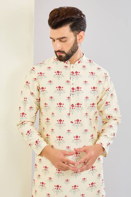 Buy_Shreyansh Designs_Ivory Chanderi Silk Floral Print Kurta Set _Online_at_Aza_Fashions