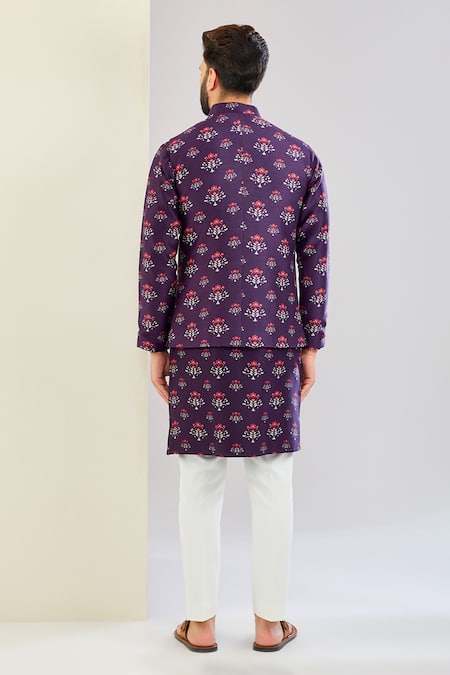 Shop_Shreyansh Designs_Purple Chanderi Silk Floral Print Bundi Set _at_Aza_Fashions