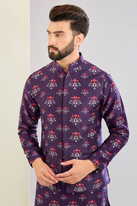 Buy_Shreyansh Designs_Purple Chanderi Silk Floral Print Bundi Set _Online_at_Aza_Fashions