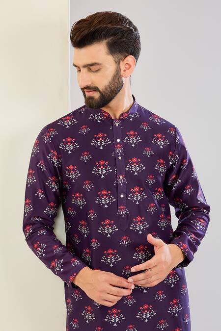 Buy_Shreyansh Designs_Purple Chanderi Silk Floral Print Kurta Set _Online_at_Aza_Fashions
