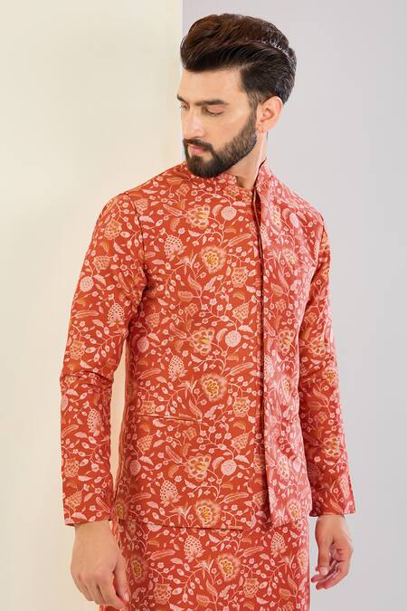 Buy_Shreyansh Designs_Orange Chanderi Silk Floral Print Bundi Set _Online_at_Aza_Fashions