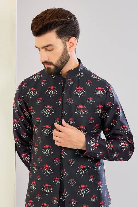 Buy Shreyansh Designs Black Chanderi Silk, Cotton Floral Print Bundi Set Online at Aza Fashions Buy_Shreyansh Designs_Black Chanderi Silk, Cotton Floral Print Bundi Set _Online_at_Aza_Fashions