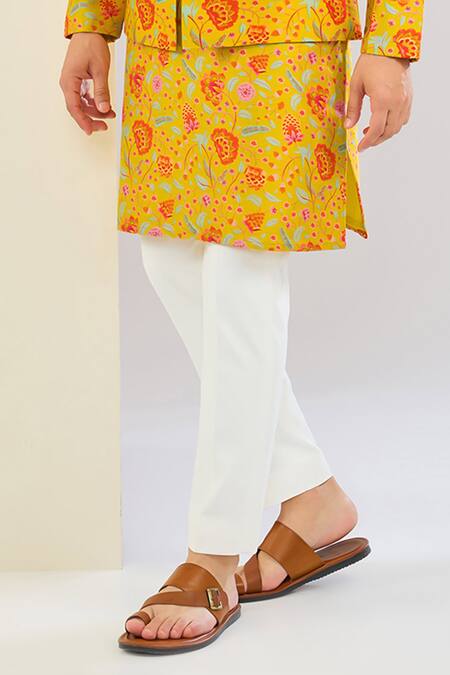 Shreyansh Designs_Yellow Chanderi Silk, Chanderi, Cotton Embroidery Floral Print Bundi Set _Online_at_Aza_Fashions