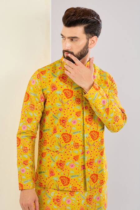 Buy_Shreyansh Designs_Yellow Chanderi Silk, Chanderi, Cotton Embroidery Floral Print Bundi Set _Online_at_Aza_Fashions
