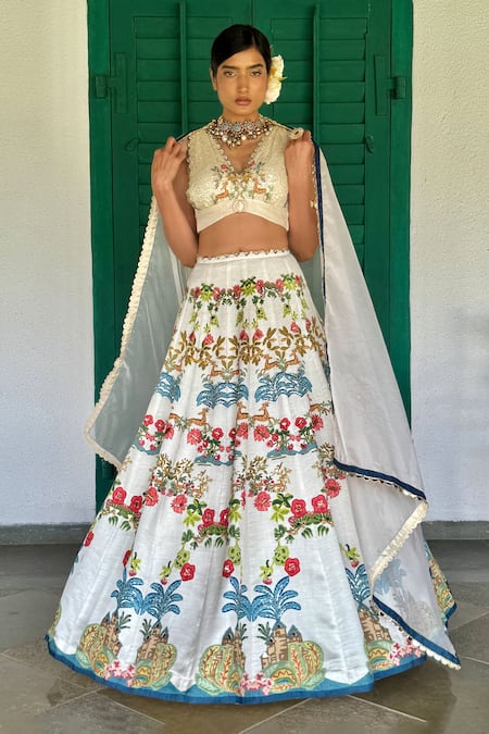 Buy_Basil Leaf_Beige Cotton Embroidery, Sequins V-neck Floral Printed Lehenga Set With Blouse 